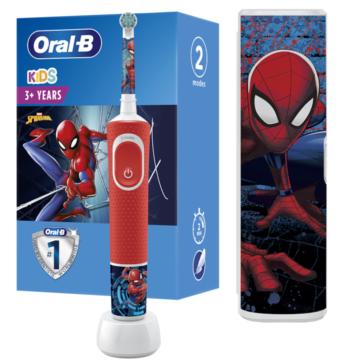 Periuta de dinti electrica Oral-B Vitality Spiderman pentru copii, Curatare 2D, 2 programe, 1 capat, 4 stickere incluse, Trusa de calatorie, Albastru