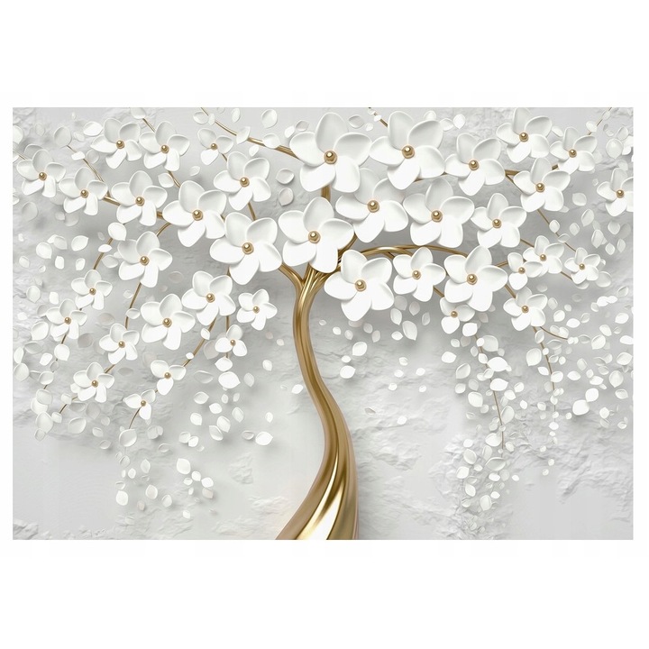 Fototapet 3D Flori Floral Magic Magnolia Copac alb Auriu 416x254 cm, Modern Vlies Tapet, Pentru Dormitor Camera De Zi Living Decorativ