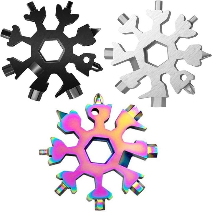 Set 3 instrumente multifunctionale 18 in 1, Fulg de zapada, Otel inoxidabil, Multicolor