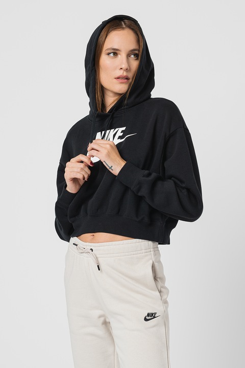 Nike, Hanorac crop supradimensionat cu imprimeu logo, Alb/Negru