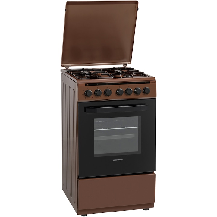 Aragaz Heinner HFSC-V60LITGC-BRW, Mixt, 4 arzatoare, Aprindere electrica plita, Dispozitiv de siguranta plita, Cuptor electric, 6 functii, Timer, Grill, Duze GPL incluse, Tava si gratar cromat, 60 cm, Maro