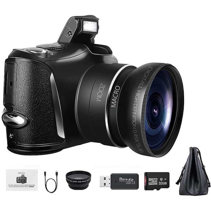 NBD Digitális fényképezőgép, 4K, Ultra HD, 3,0 hüvelykes, 16X digitális zoom, 48 MP, fekete