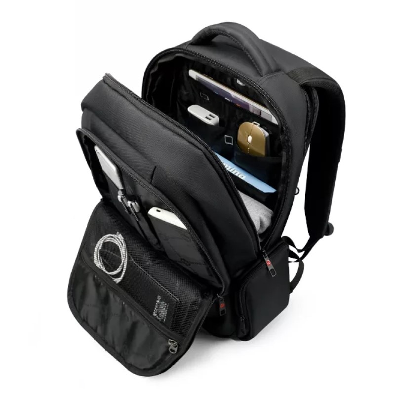Rucsac laptop 15.6" smart casual, impermeabil, cu orificiu pentru cabluri audio, Tigernu, 49x33x17 cm, Negru