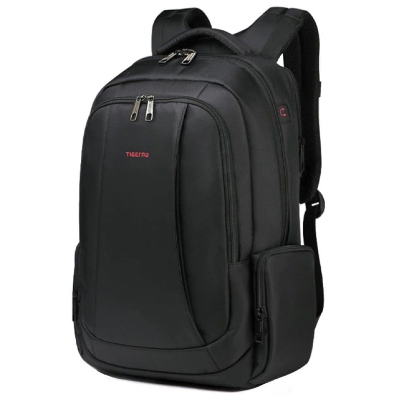 Rucsac laptop 15.6" smart casual, impermeabil, cu orificiu pentru cabluri audio si port USB, Tigernu, 33x17x49 cm, Negru