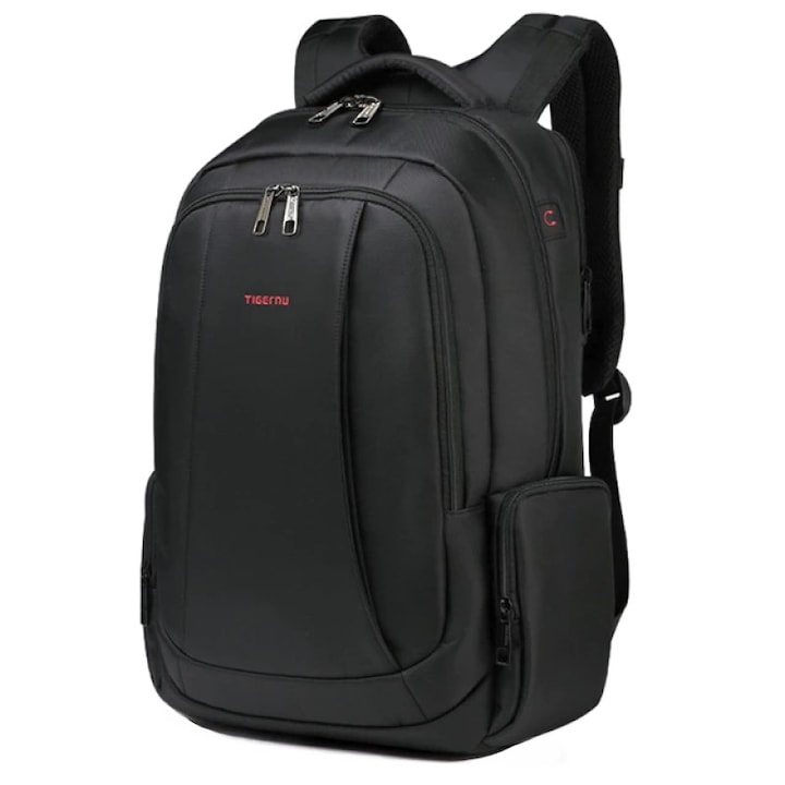 Rucsac laptop 15.6" smart casual, impermeabil, cu orificiu pentru cabluri audio, Tigernu, 49x33x17 cm, Negru