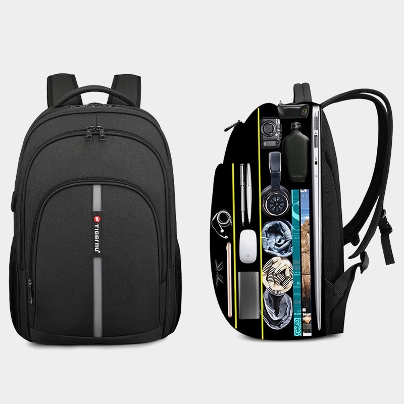 Rucsac laptop 15.6", casual, impermeabil, cu port incarcare USB, Tigernu, 45x30x15 cm, Negru