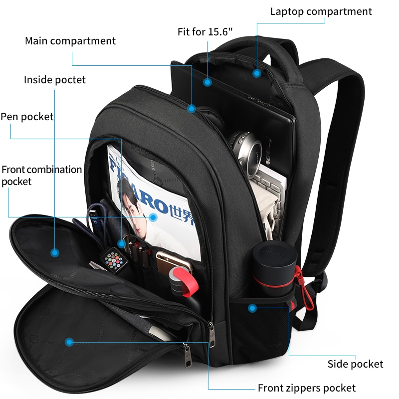 Rucsac laptop 15.6", casual, impermeabil, cu port incarcare USB, Tigernu, 45x30x15 cm, Negru