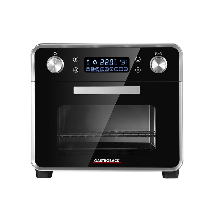 GASTROBACK 42815 Meleglevegős sütő, 21L, Rotisserie, Sütő, Dehidratáló, Grill, 5 az 1-ben, 7 funkció, 1680W, 55 és 220 °C között állítható hőmérséklet, időzítő, digitális LED kijelző, fekete színű
