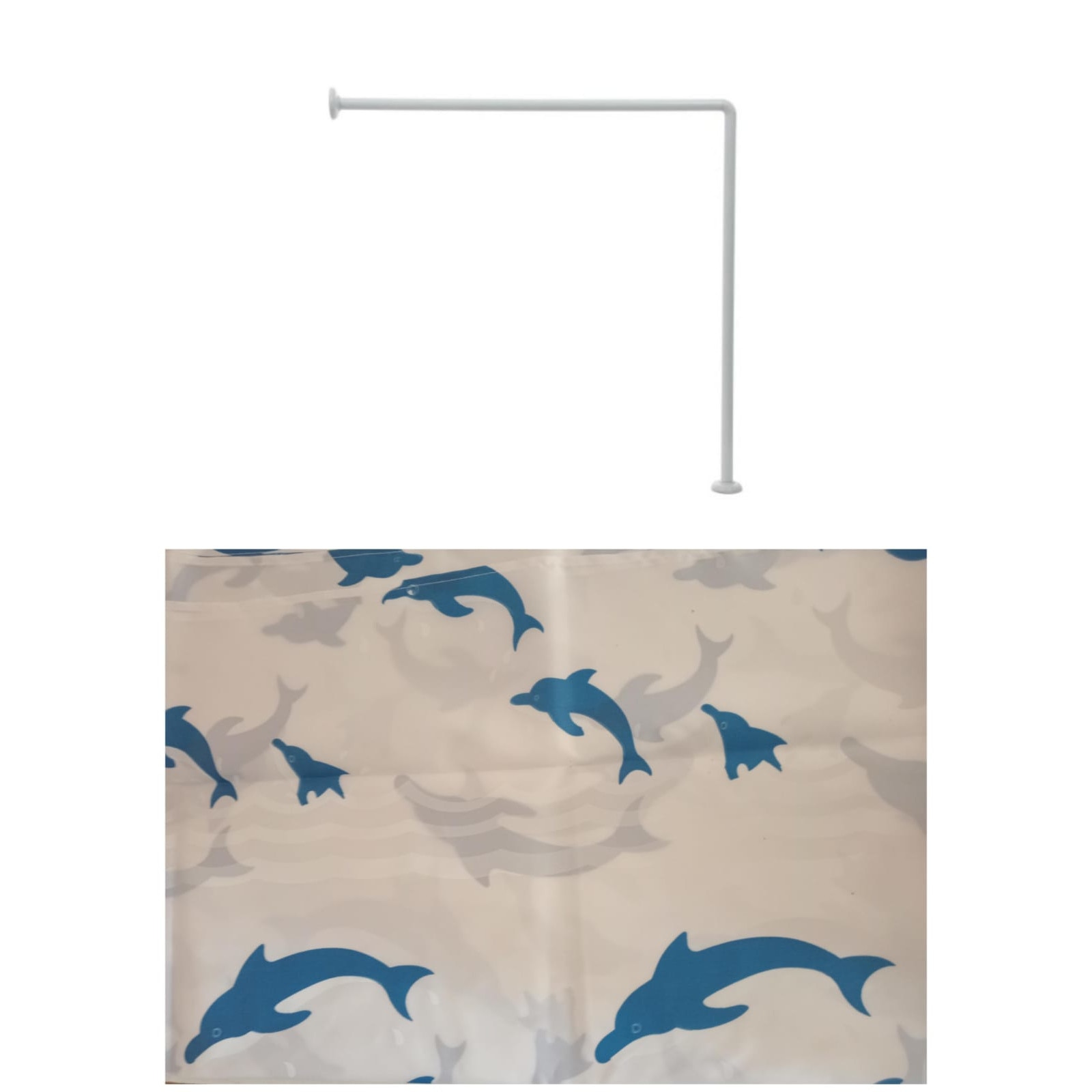receive Intrusion Pledge Set bara din otel, 2 bucati, pe colt 90 x 90 cm, cu perdea dus 180X180 cm,  alb cu delfini - eMAG.ro