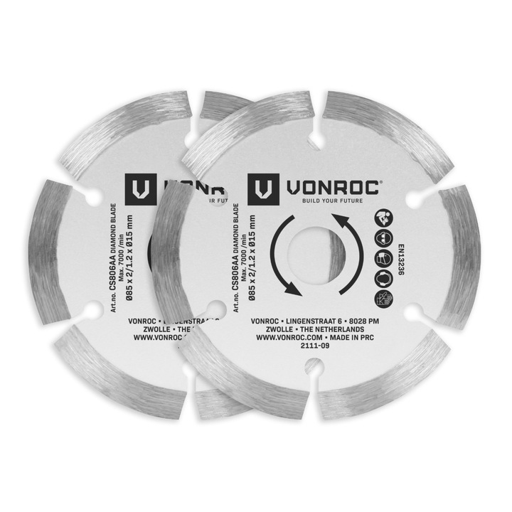 Комплект диамантени дискове VONROC, CS806AA, 2 броя, 85x15 мм, Сегментирани