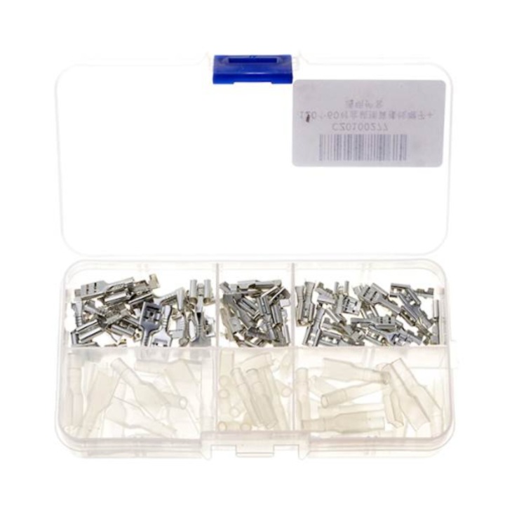 Set 120 conectori, mPartner, 2.8 - 4.8 - 6.3 mm, Metal + PVC, Argintiu-Transparent