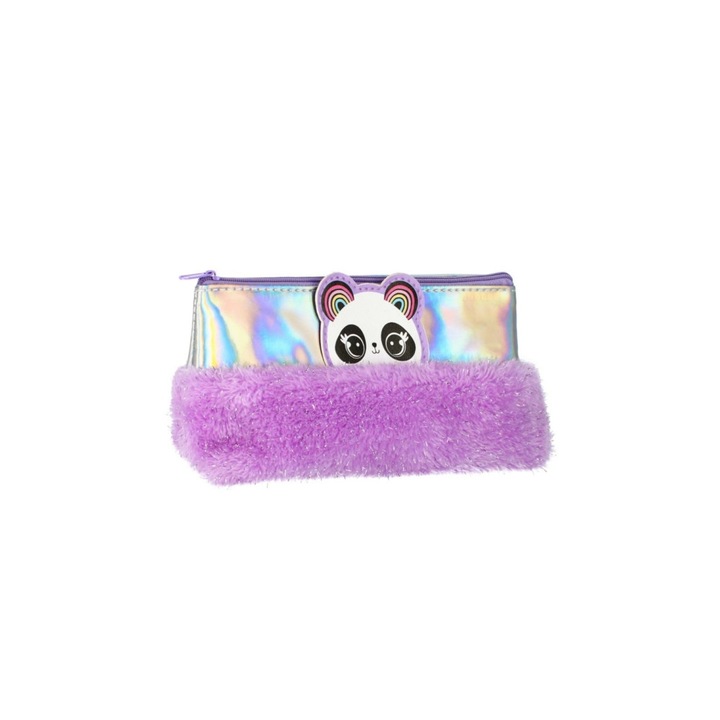 Pandás holografikus szőrmés tolltartó