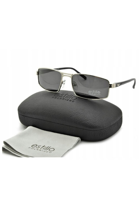Ochelari de soare barbati, Estillo, Lentila polarizata, Negru/Argintiu, Marime Universala
