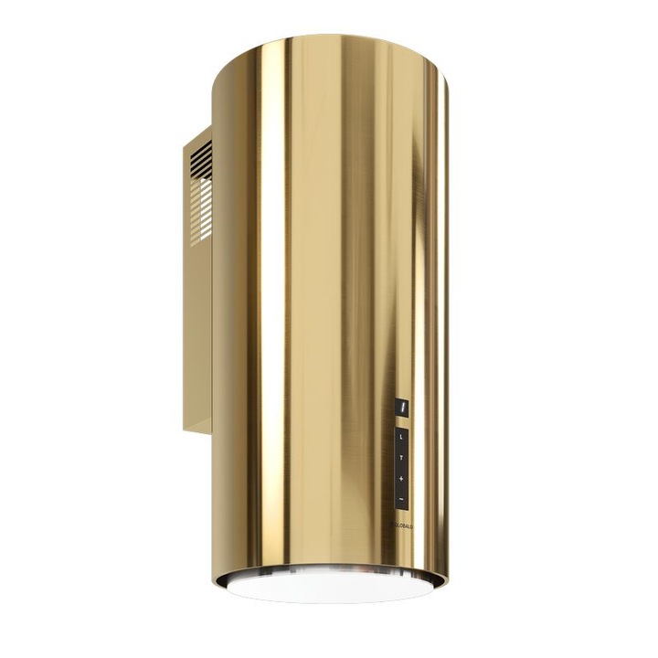 Hota cilindrica decorativa de perete Globalo, Heweno 39.3 Light Gold, clasa energetica B, capacitate de absorbtie 660 mc/h, 4 trepte, Auriu