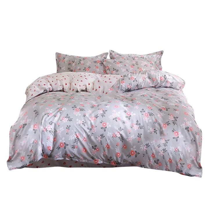 Set lenjerie pat 4 Piese, Pat dublu, Poliester de inalta calitate, Model floral, 48x74/180x220/230x230cm, Multicolor