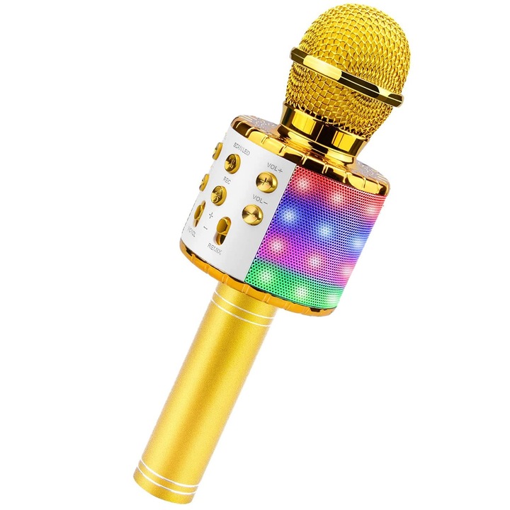 Microfon Karaoke pentru copii NYTRO Kids Pro 8, Bluetooth, Lumina RGB, Radio FM, Functie Ecou si Live, Difuzor 5W, Gold