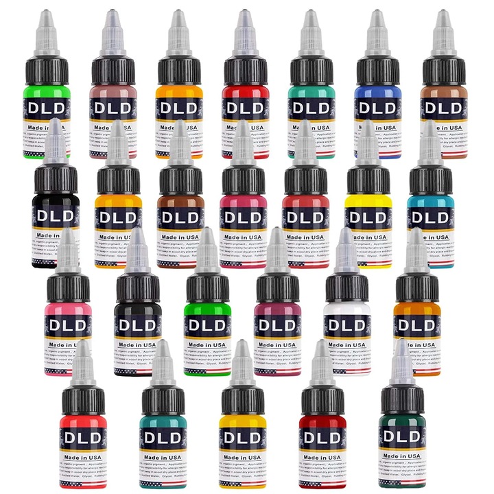 Set pigmenti tatuaj, tus profesional, 25 culori de baza in sticlute de 15 ml, pentru tatuare permanenta, microblading