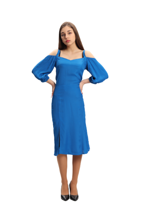 Rochie midi din vascoza, alb cu buline mari negre, Albastru, 34-36