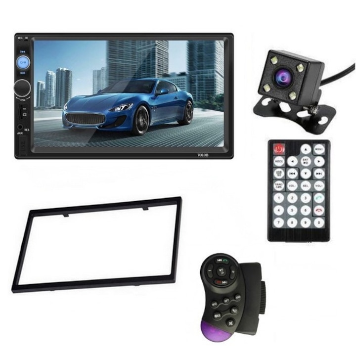 Плейър за кола, 7010B, Екран 7", FM радио, MirrorLink Mp5, Bluetooth, Сензорен екран, SD карта, С камера за заден ход, 4 светодиода