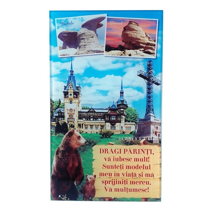 Aplica din sticla cu imagini din muntii Bucegi si dedicatie pentru parinti, M8, 10x17 cm