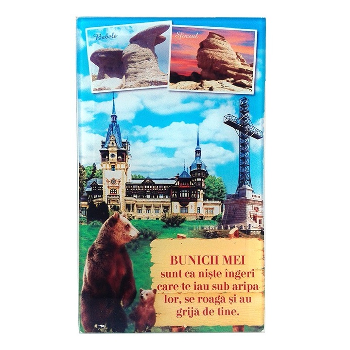 Aplica din sticla cu imagini din muntii Bucegi si dedicatie pentru bunici, M3, 10x17 cm