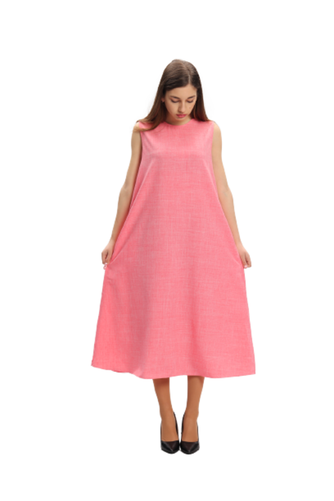 Rochie midi oversize, din vascoza, roz, cu funda la spate S/M