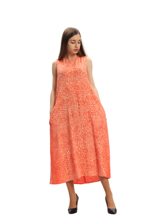 Rochie midi oversize, din vascoza, portocaliu multicolor, cu funda la spate S/M