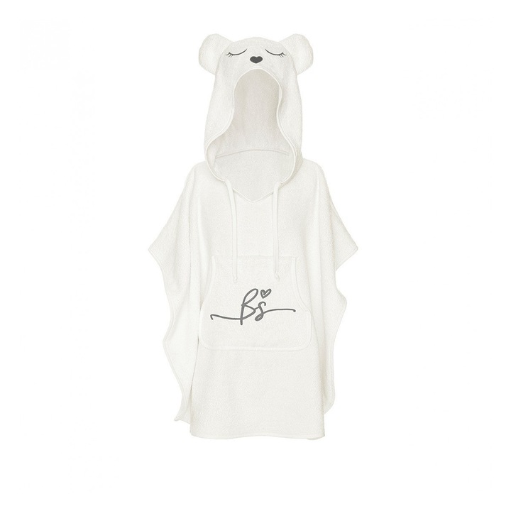 Prosop din fibra de bambus cu gluga si buzunar pentru bebelusi si copii, Poncho Teddy, Ecri, 73x58 cm