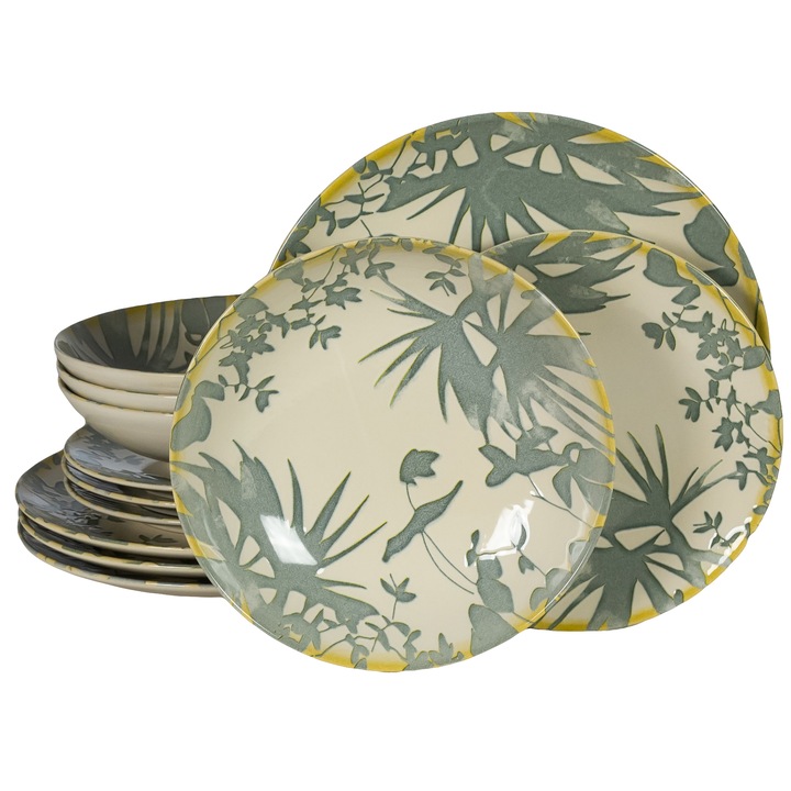 Étkészlet, Cesiro, Hawaii, 12 darab, Krémszín szürke levelekkel