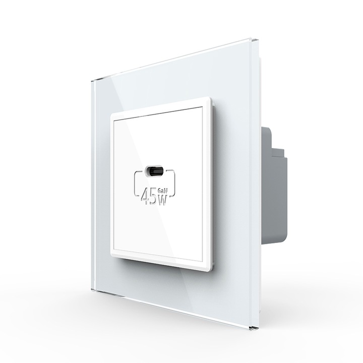 Priza USB Tip C Livolo cu Rama din Sticla, Alb, VL-FCUC-2WP-11
