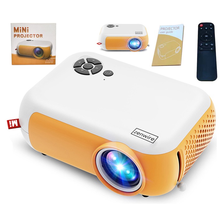 Mini Videoproiector, Zenwire A10, portabil proiector FULL HD 1920x1080p cu LED, 1800lm, 2000:1, 100", HDMI / mini Jack / USB / micro SD / micro / USB, Compatibil cu Netflix, HBO GO, Youtube