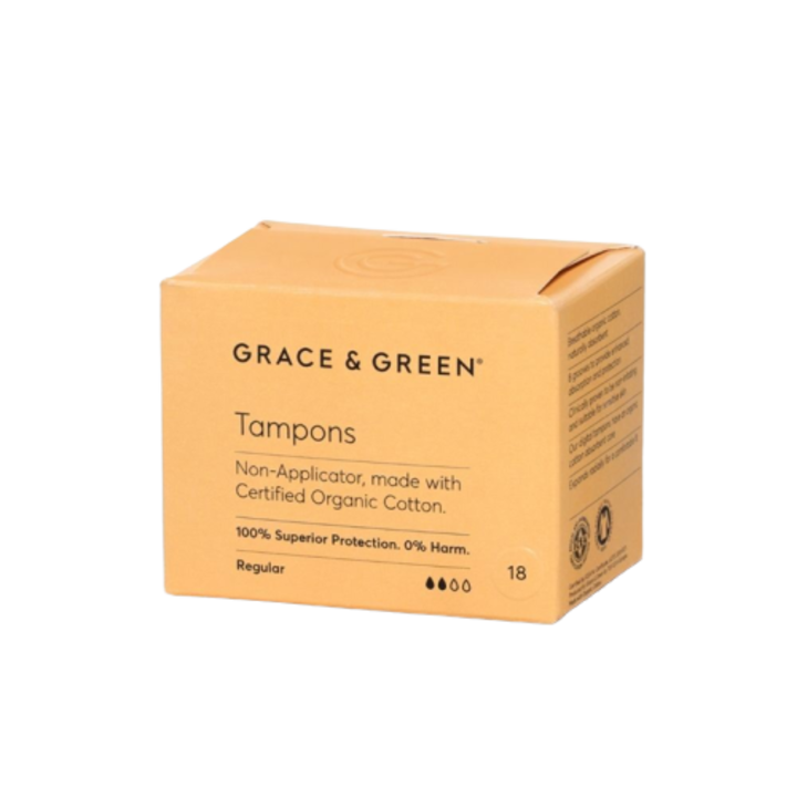 100% organikus pamut tampon, normál, Grace and Green, praktikus és könnyen használható, továbbfejlesztett védelem, biztonságos a szervezet számára, 18 db