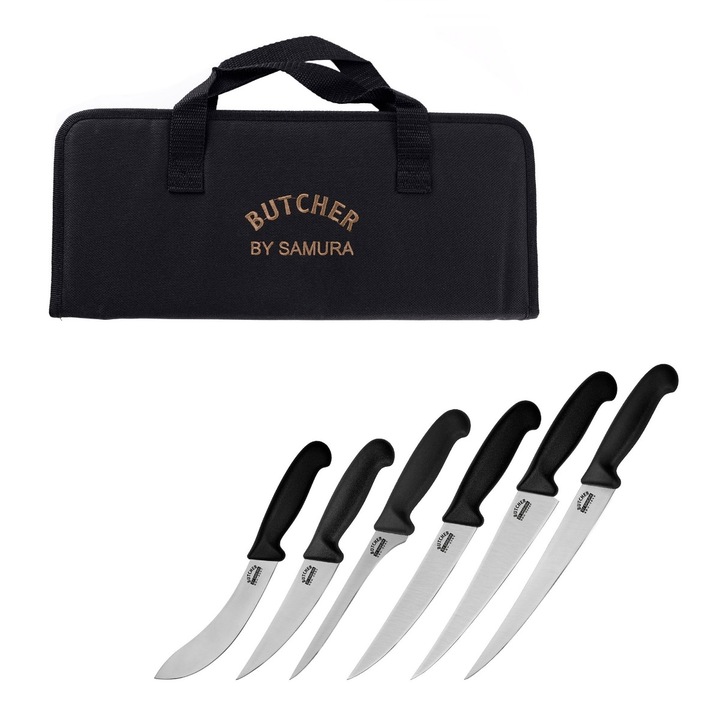 Set 6 cutite de bucatarie + geanta de transport, Samura, Otel inoxidabil, 17,3 cm, 19,5 cm, 15,6 cm, 18,7 cm, 25,3 cm, 22,8 cm, Negru/Argintiu