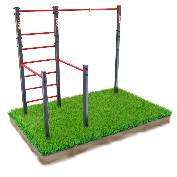 Set Bara Stationara Externa, K-SPORT, Otel, Vopsita Prin Pulverizare, Rezistenta La Substante Chimice, Conditii Atmosferice Si Coroziune, Constructie Compacta, Asamblata Cu Suruburi, 3 In 1, Pentru Calistenic, 270 x 236 x 120 mm, Negru/Rosu