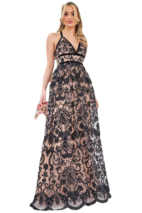 Rochie lunga din dantela brodata cu paiete si cupe la bust, Negru/Nude