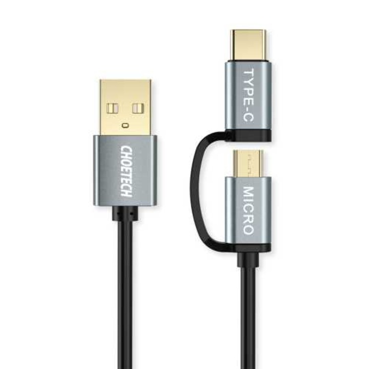 Cablu USB 2 in 1 Choetech XAC-012, micro USB - USB-C, 1.2m, gri