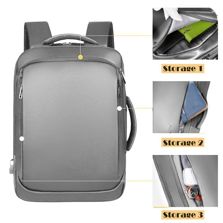 Ghiozdan laptop, Fibre sintetice/Lana, 15.6'', Impermeabil 42x30x12 cm, Gri