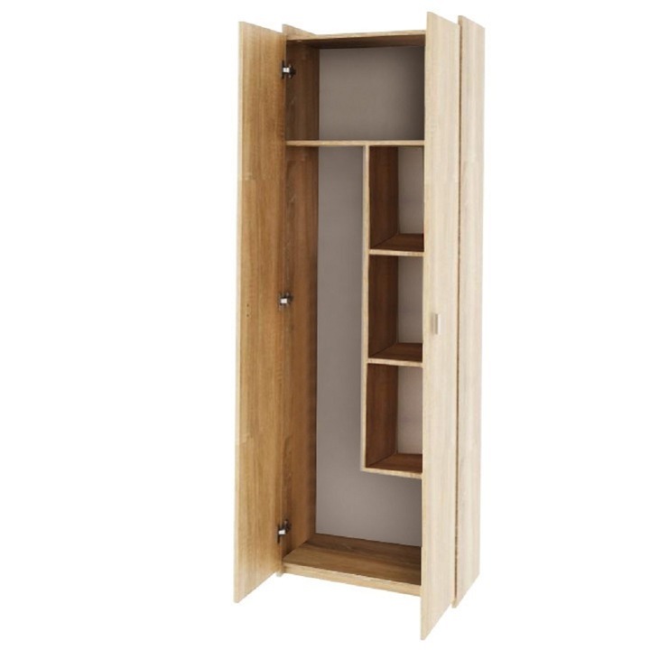 Dulap, culoare stejar sonoma, cu rafturi si doua usi, ideal pentru hol, baie, living, dormitor, 64x190x32 cm