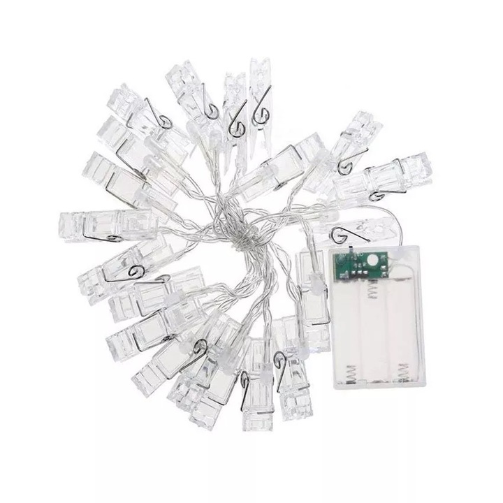 Instalatie Ghirlanda cu 20 de Becuri LED si 20 de Carlige pentru Prindere Fotografii, Lumina Alba, Premium, Original Deals®