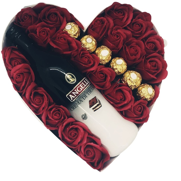 Aranjament Floral Sweet Velvet cu praline Ferrero Rocher, Angelli Crema di Tiramisu si trandafiri de sapun