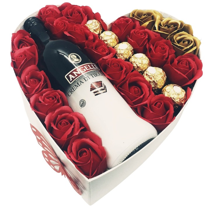 Aranjament Floral Red Delight cu praline Ferrero Rocher, Angelli Crema di Tiramisu si trandafiri de sapun