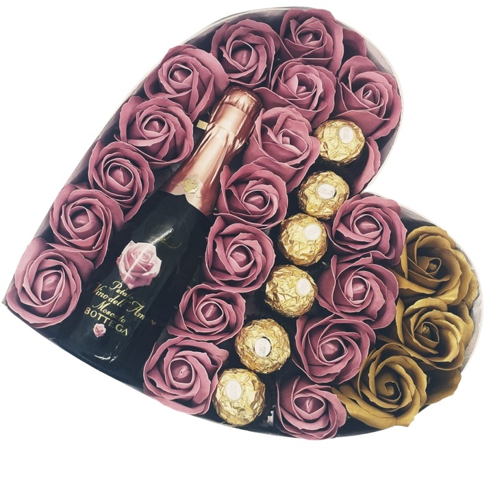 Aranjament floral Rose Delight cu trandafiri de sapun, praline Ferrero Rocher si Moscato Bottega