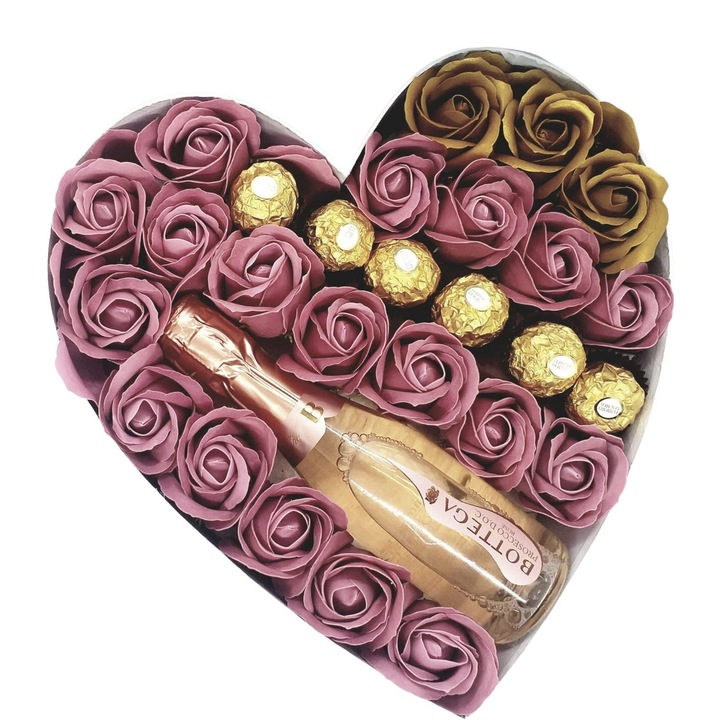 Aranjament floral Pink Delight cu trandafiri de sapun, praline Ferrero Richer si Prosecco ROSE