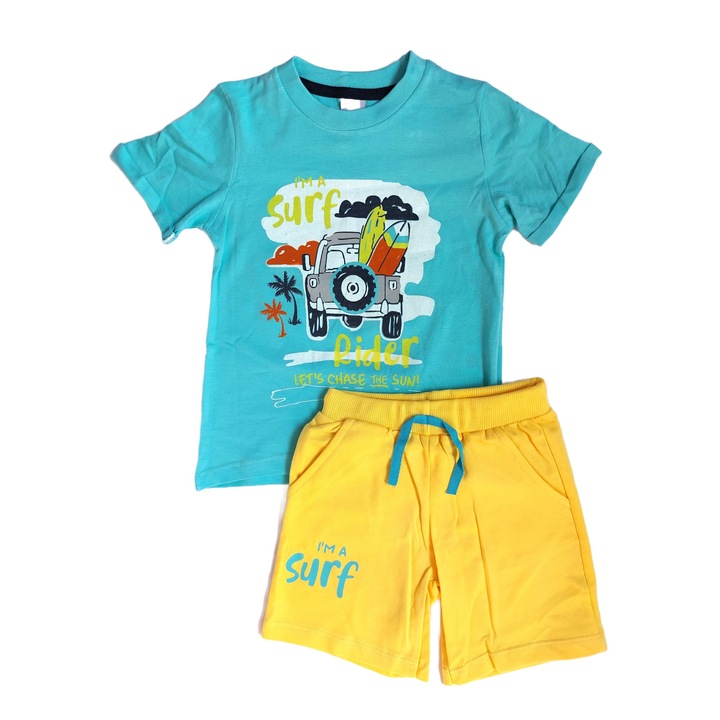 Set 2 piese, tricou si pantaloni scurti din bumbac, Mini Trio, Galben/Turcoaz