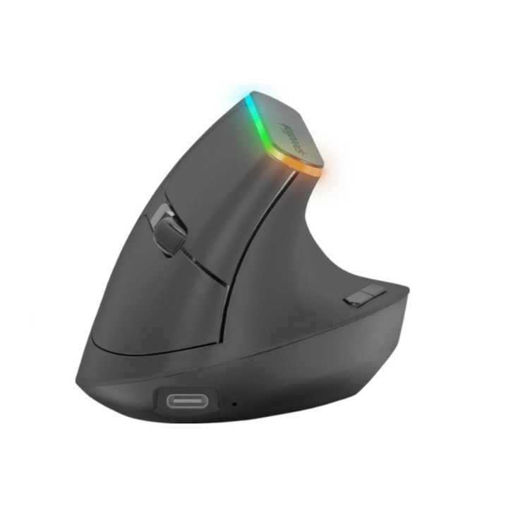 Mouse vertical Speedlink FIN, wireless 10 m, Iluminat LED, 1600 DPI, 6 Butoane, Acumulator 500 mAh, Negru