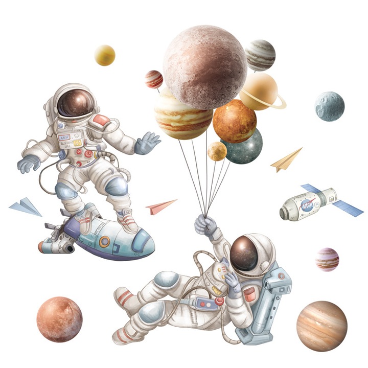 Sticker Autocolant Perete Copii, Astronauti in Spatiu si Planete, 60x90 cm, Aida HER®