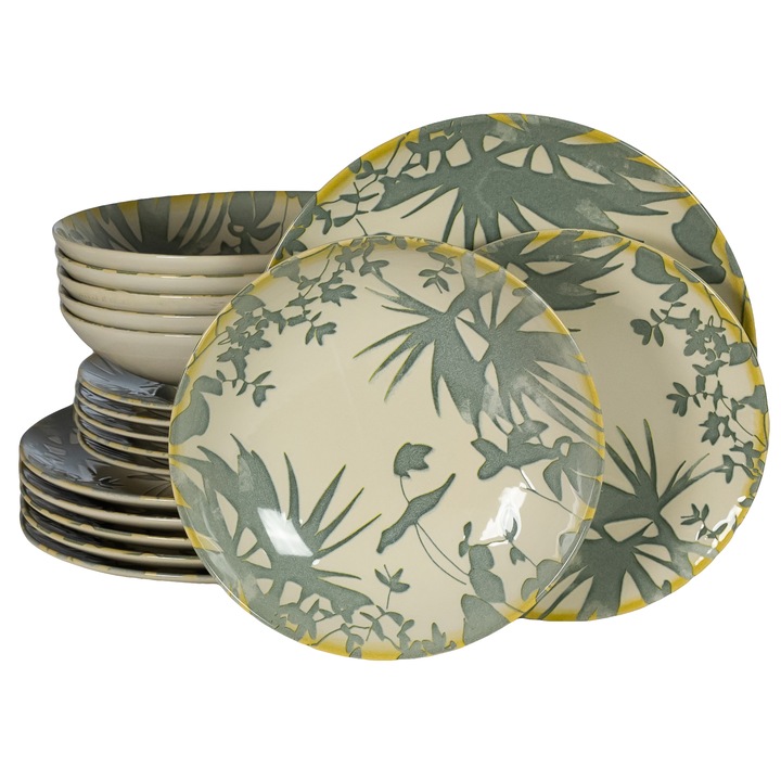 Set Complet Serviciu De Masa, Hawaii, 18 piese, Cesiro, Alb Ivoire cu frunze gri