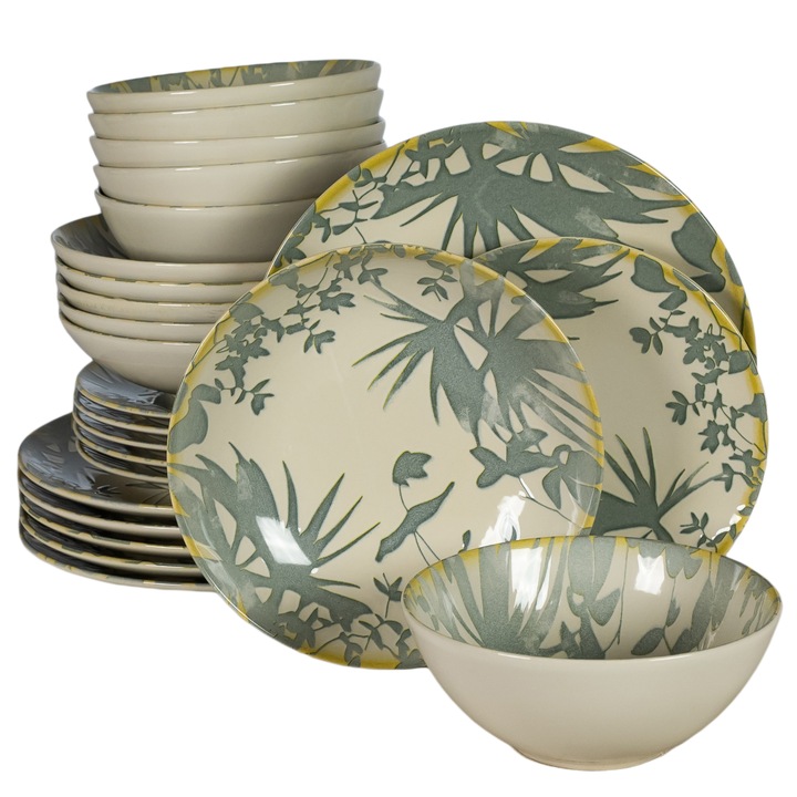 Étkészlet, Cesiro, Hawaii, 24 darab, Krémszín szürke levelekkel