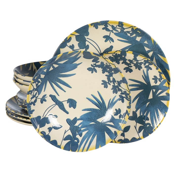 Сервиз за хранене Cesiro, Hawaii, 12 части, бяла слонова кост с тъмносини листа