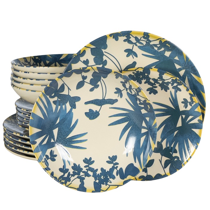 Set Complet Serviciu De Masa, Hawaii, 18 piese, Cesiro, Alb ivoire cu frunze albastru inchis